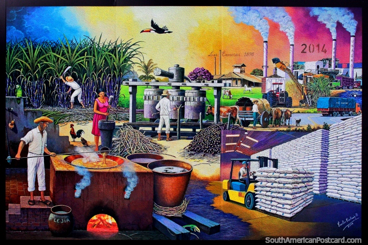 Sugar is the mother industry of Santa Cruz, a painting showing sugar production by Carlos Cirbian. (720x480px). Bolivia, South America.