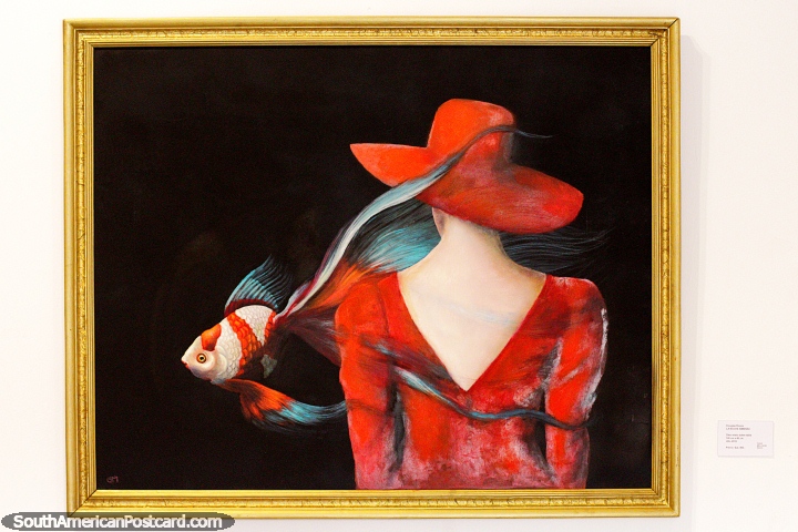 La Noche Inmensa, pintura de Douglas Rivera, mujer de rojo y un pez, Santa Cruz. (720x480px). Bolivia, Sudamerica.