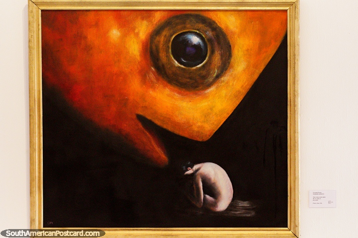 Big orange fish and a small infant, painting by Douglas Rivera on exhibition in Santa Cruz. (720x480px). Bolivia, South America.