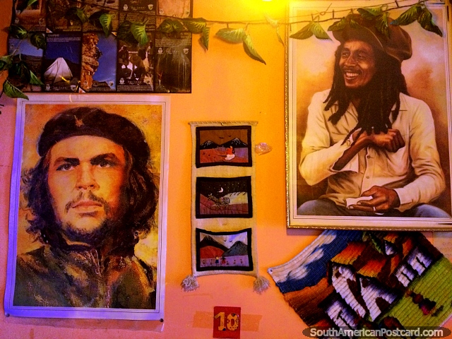 Che Guevara and Bob Marley, paintings at a restaurant in Uyuni, you see their images all around South America. (640x480px). Bolivia, South America.