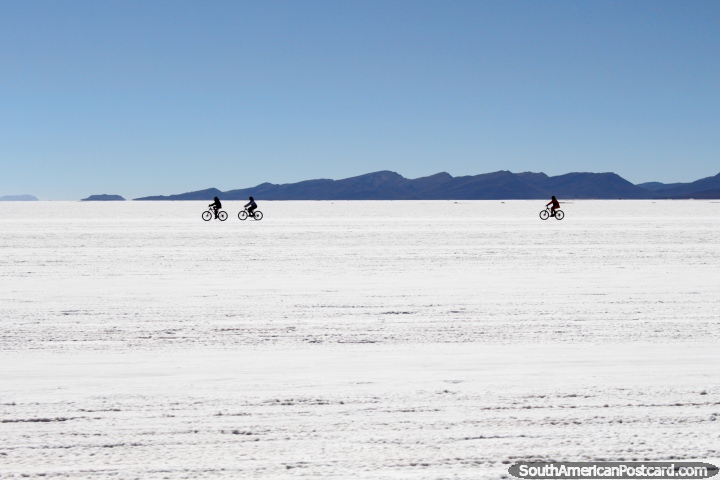 Pessoas que andam em bicicletas atravs dos apartamentos de sal de Uyuni cobertos de crosta, uma tarefa difcil. (720x480px). Bolvia, Amrica do Sul.