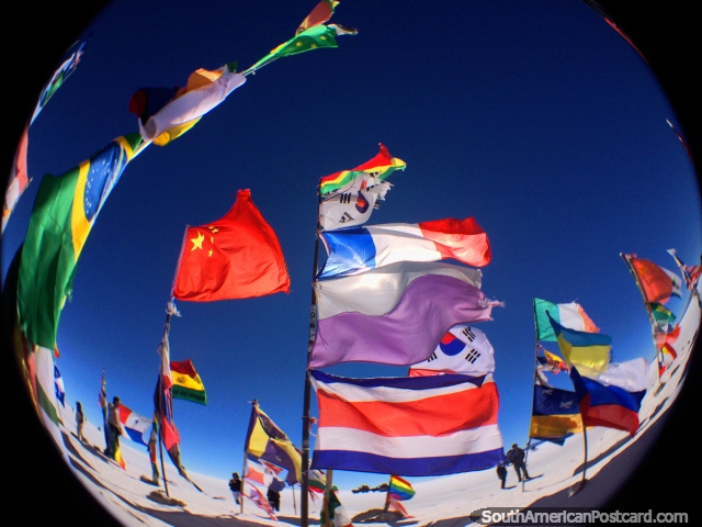 Uma terra maravilhosa de bandeiras voadoras nos apartamentos de sal de Uyuni, pode ver a sua bandeira de païses? (640x480px). Bolívia, América do Sul.
