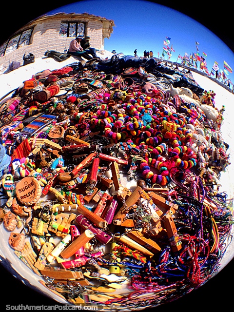 Colorful array of souvenirs and bits and pieces for sale beside the salt hotel in the Uyuni desert. (480x640px). Bolivia, South America.
