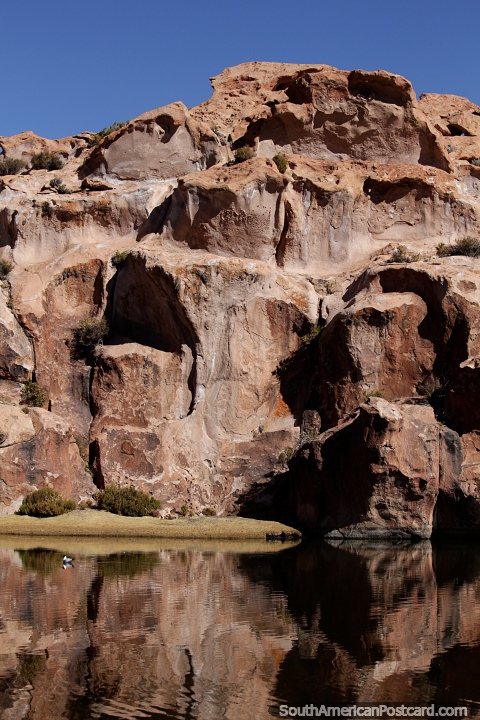 Formaciones rocosas super interesantes alrededor de la Laguna Negra con reflejos en Uyuni. (480x720px). Bolivia, Sudamerica.