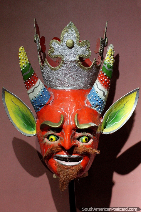 With horns and big ears, the Lucifer mask from 1940-1950 used for the Diablada dance, Anthropological Museum, Oruro. (480x720px). Bolivia, South America.