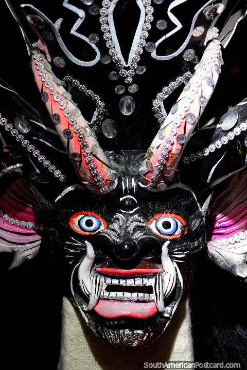 Lucifer Devil, black mask from 2010, made of fiberglass, the Diablada dance, Anthropological Museum, Oruro. (480x720px). Bolivia, South America.