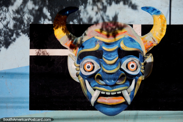Carnival mask with horns, street art in Oruro, the home of carnival in Bolivia. (720x480px). Bolivia, South America.