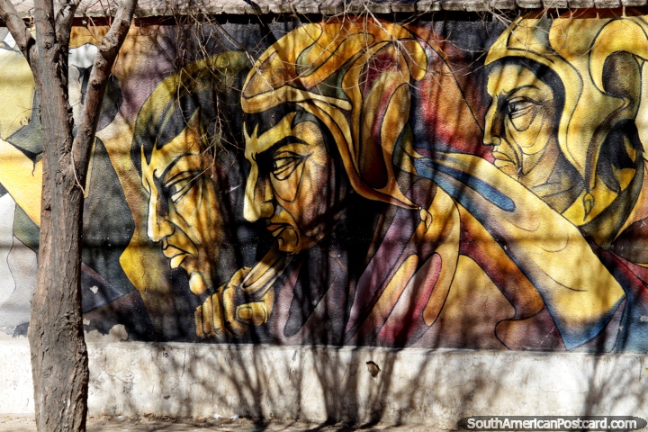 La fuerza de los mineros frente a las nuevas tecnologas, una serie de obras de arte callejero en Oruro. (720x480px). Bolivia, Sudamerica.