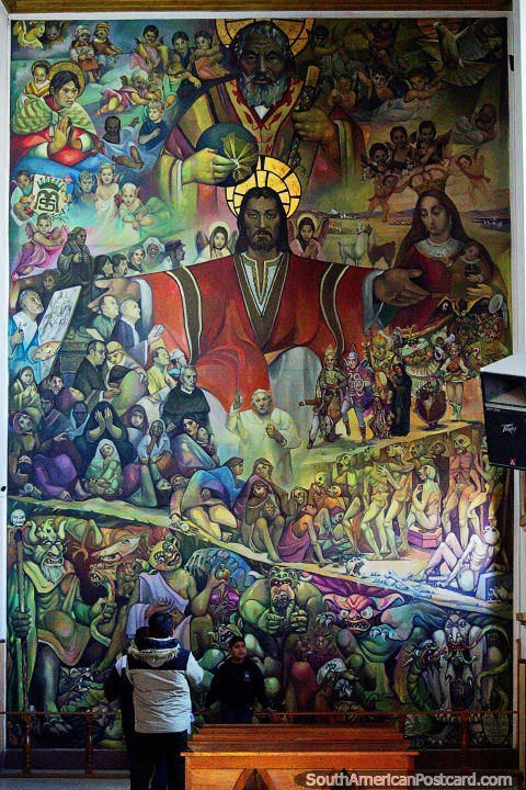 La pintura ms grande del mundo llena de personajes religiosos, demonios, monstruos, esqueletos, ngeles y gente comn en el Santuario del Socavn, Oruro. (480x720px). Bolivia, Sudamerica.