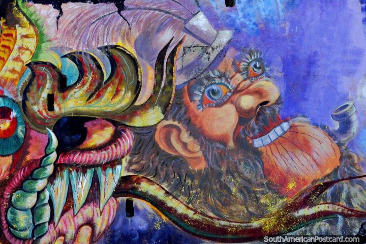 Un viejo sabio o un viejo loco, una fantstica y colorida obra de arte callejero en Oruro. (720x480px). Bolivia, Sudamerica.