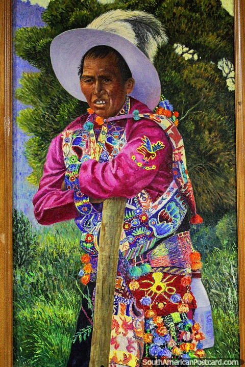 Hombre vestido con ropa tradicional en colores brillantes, pintura en el Museo Sacro en Oruro. (480x720px). Bolivia, Sudamerica.