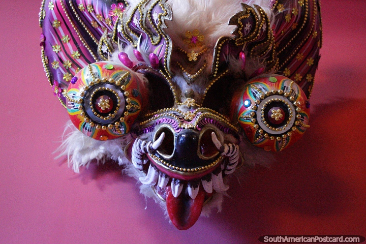 Mask from the dance of the devil of China Supay, tongue out and hungry eyes, Sacro Museum, Oruro. (720x480px). Bolivia, South America.
