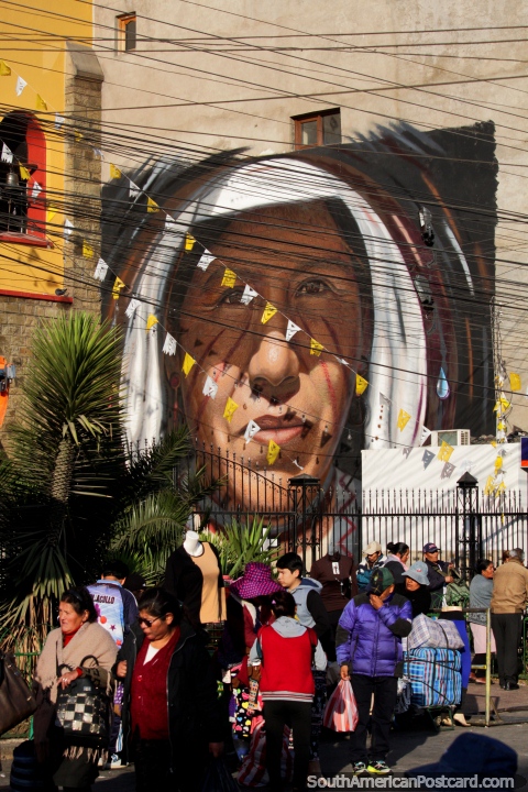Large mural of an indigenous man in Cochabamba, the project called 100 murals in the city. (480x720px). Bolivia, South America.