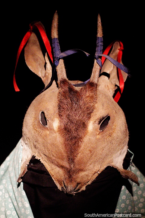 Mask representing a deer (ciervo) for the dance called Guasu guasu, Tarija region, Musef museum, La Paz. (480x720px). Bolivia, South America.