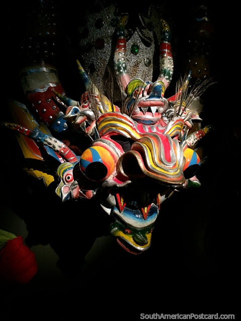 Dragon mask, an intricate design and very colorful, see at the Musef museum in La Paz. (480x640px). Bolivia, South America.