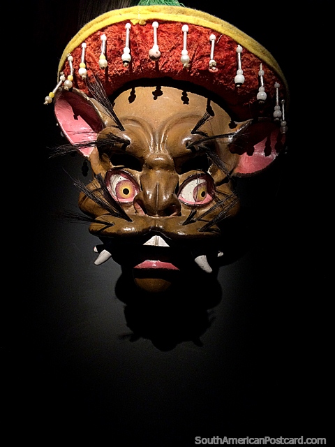 Mouse with tusks, mask with a great hat on display at the Musef museum in La Paz. (480x640px). Bolivia, South America.
