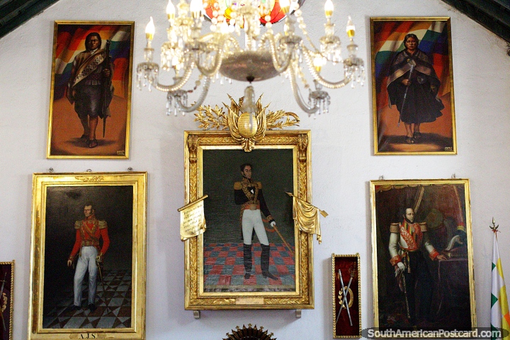 Paintings on display at the Casa de la Libertad (Freedom House) in Sucre, featuring Simon Bolivar in the middle. (720x480px). Bolivia, South America.