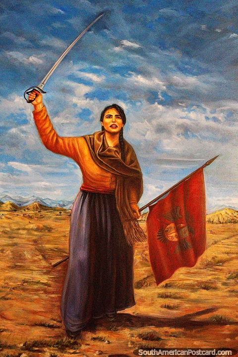 Juana Azurduy (1780-1862), co-leader of a group that fought a war west of Tarabuco, she holds a flag taken from the enemy, painting in Sucre. (480x720px). Bolivia, South America.