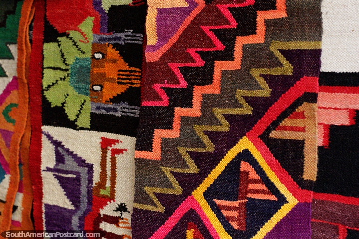 Beautiful woven wall hangings with nice designs on sale in Recoleta in Sucre. (720x480px). Bolivia, South America.