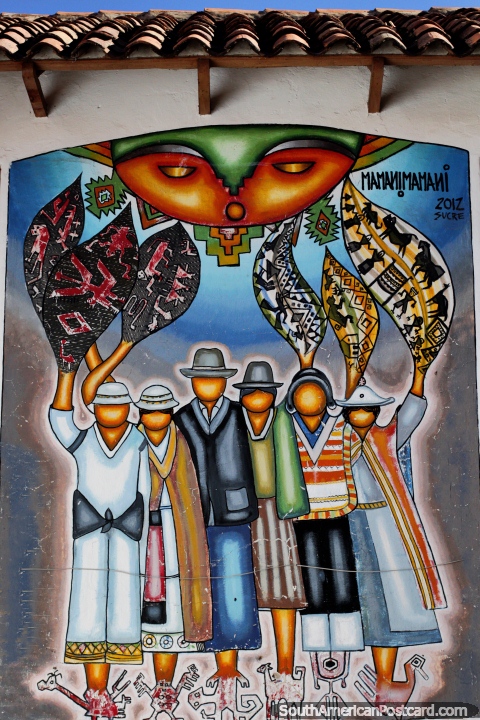 Mural en la entrada del Museo de Arte Textil (Cetur) en Sucre, 6 figuras. (480x720px). Bolivia, Sudamerica.