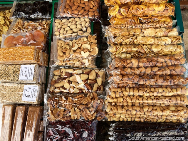 Healthy street food, of Brazil nuts, walnuts, cashew nuts, pecans and dried fruit in Sucre. (640x480px). Bolivia, South America.