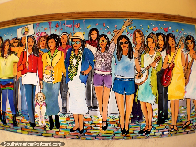 Grupo de mulheres, parte de um mural enorme e longo visto em Casa de Libertad (Casa de Liberdade) em Sucre. (640x480px). Bolívia, América do Sul.