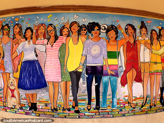 Grupo de mujeres vestidas con ropa elegante, parte de un gran mural en la Casa de Libertad en Sucre. (640x480px). Bolivia, Sudamerica.