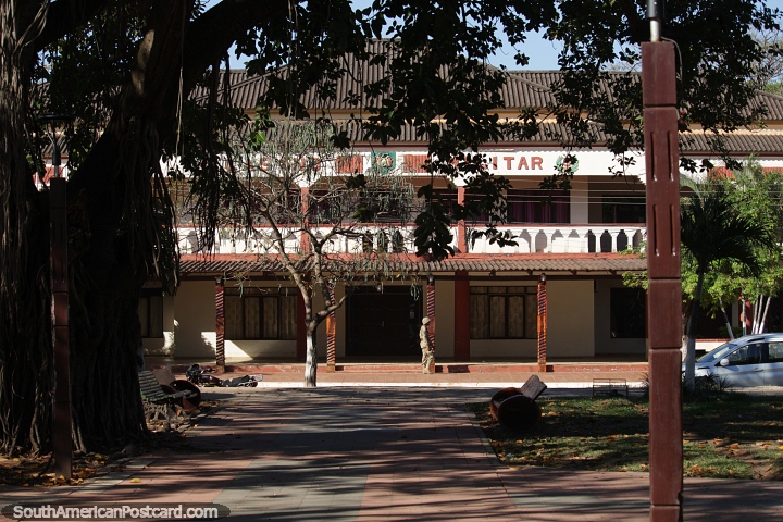Casino Militar army division offices beside the principal plaza in Robore. (720x480px). Bolivia, South America.