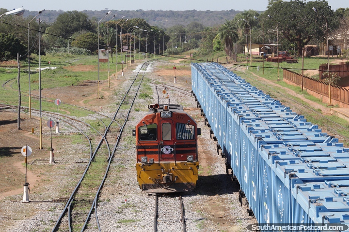 Train engine and cargo carriages on the tracks at the station in Robore. (720x480px). Bolivia, South America.