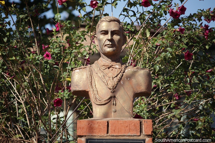 Rene Barrientos Ortuno (1919-1969), military officer and twice President, bust at the train station in Robore. (720x480px). Bolivia, South America.