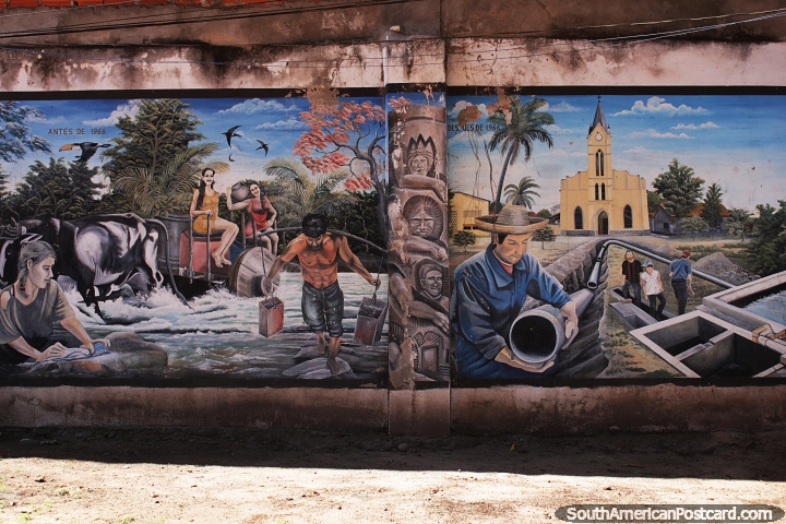 Before and after 1966, a mural in Robore showing life before and after easy water access. (720x480px). Bolivia, South America.