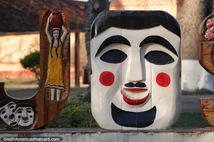 Face with rosy cheeks, artwork made of wood in San Jose de Chiquitos. (720x480px). Bolivia, South America.