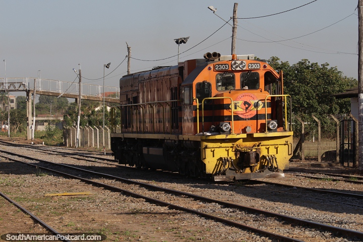 Train engine on the tracks at the station in San Jose de Chiquitos. (720x480px). Bolivia, South America.
