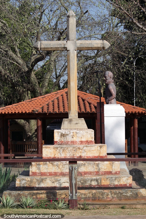 Spanish conquistador Nuflo de Chaves, founder of Santa Cruz, bust beside a cross in San Jose de Chiquitos. (480x720px). Bolivia, South America.