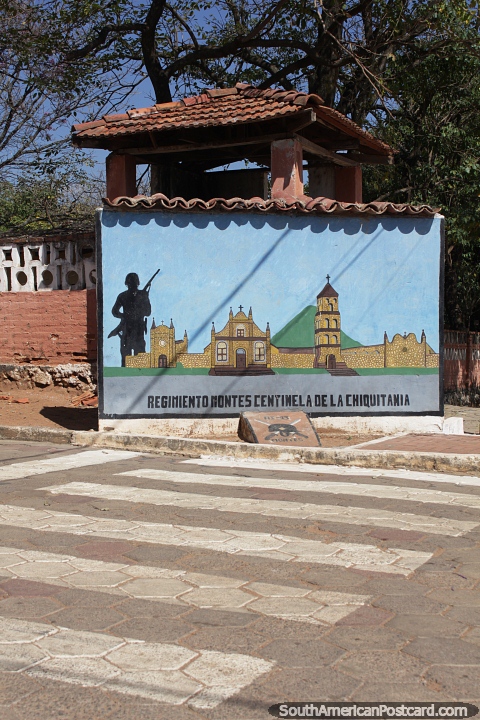 Mural outside the military battalion headquarters in San Jose de Chiquitos. (480x720px). Bolivia, South America.