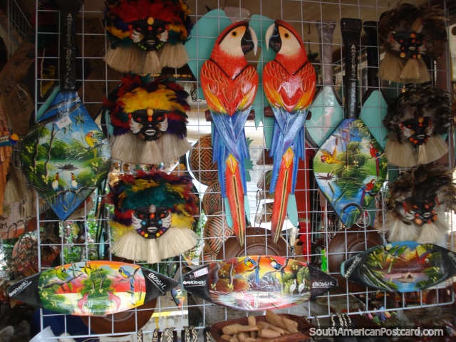 Souvenir shop in Manaus near the river, masks and fans. (640x480px). Brazil, South America.