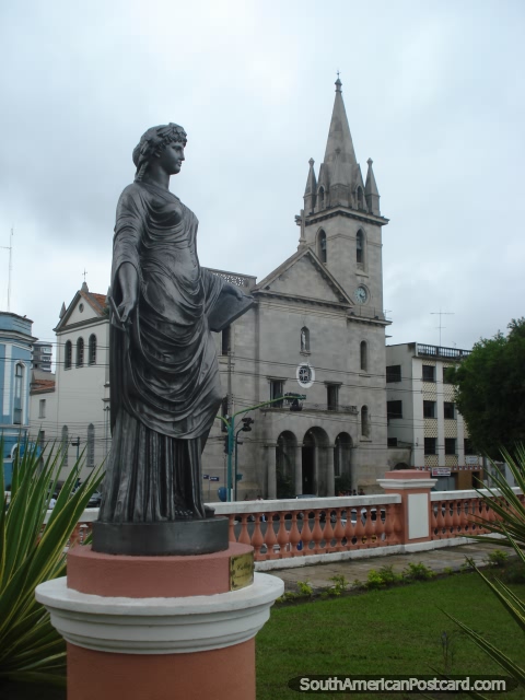 Statue in gardens of Teatro Amazonas with church Igreja de Sao Sebastiao behind, Manaus. (480x640px). Brazil, South America.