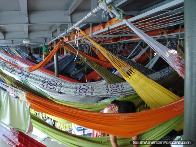 Hammock city on the 2nd deck of the boat for travel on the Amazon river. (640x480px). Brazil, South America.