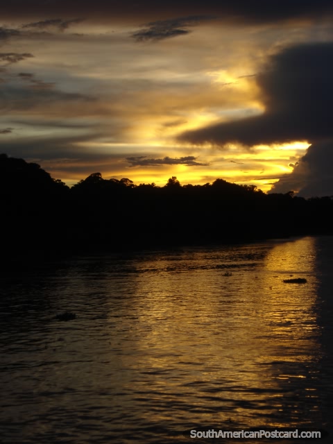 Um ocaso de fogo amarelo e cor-de-laranja no rio Amazonas. (480x640px). Brasil, América do Sul.