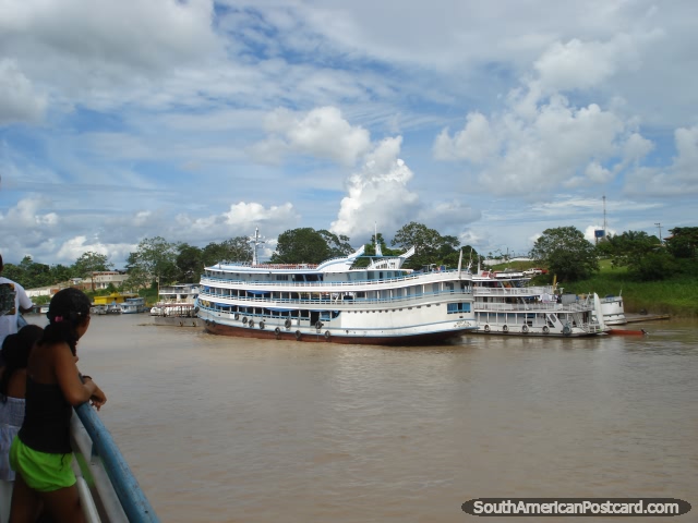 Arriving in Tabatinga port on the borders of Brazil, Peru and Colombia after 6 days/nights from Manaus on Amazon river. (640x480px). Brazil, South America.