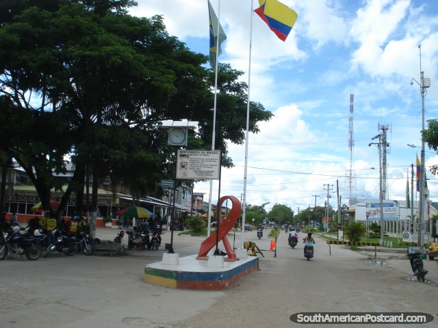 The flags of Brazil and Colombia on the border of Tabatinga and Leticia. (640x480px). Brazil, South America.