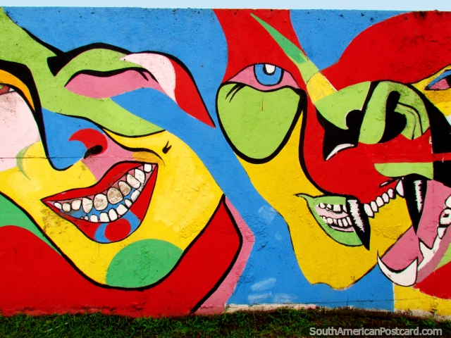 2 faces wall mural, many colors, mardi-gras, Porto Alegre. (640x480px). Brazil, South America.