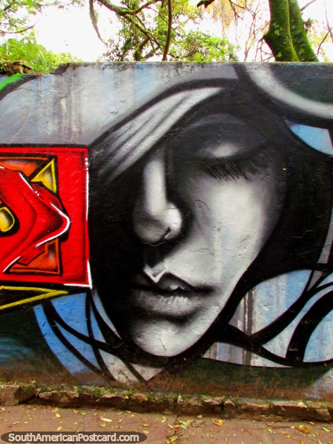 Pieza agradable de arte de graffiti de la cara de una mujer escondida en Porto Alegre. (480x640px). Brasil, Sudamerica.