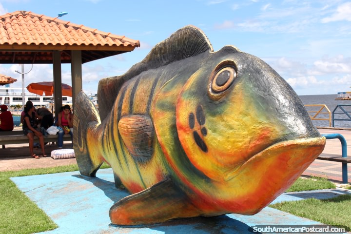 Enorme monumento de peixe na terra a margem de água em Santarem. (720x480px). Brasil, América do Sul.
