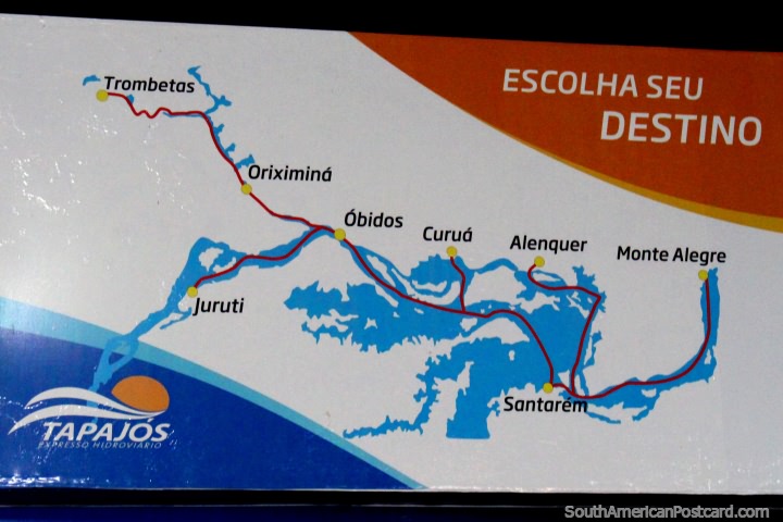 Un mapa de las comunidades locales alrededor de Santarem, puede ser visitado por los transbordadores expresos. (720x480px). Brasil, Sudamerica.