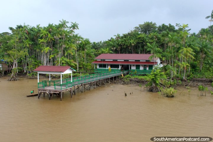 Isto é a que uma escola parece no Amazônia, um rapaz chega pela canoa, ao norte de Breves. (720x480px). Brasil, América do Sul.