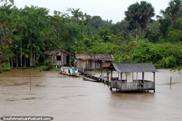Taxi shelter at the end of a jetty and huts in the Amazon, north of Breves. (720x480px). Brazil, South America.