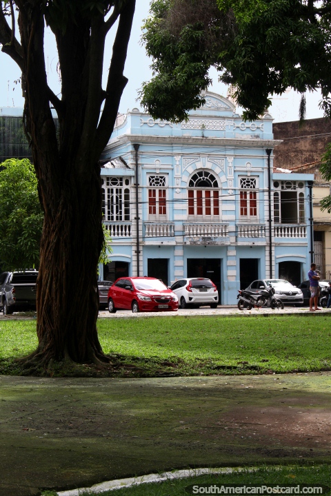Blue and white colonial building beside plaza Praca D. Pedro II in Belem. (480x720px). Brazil, South America.