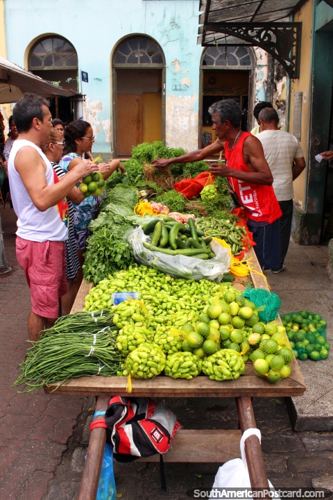 Lots of green vegetables for sale from this mans table at Ver-o-Peso Market in Belem. (480x720px). Brazil, South America.