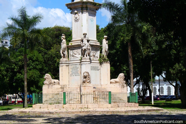Lions and statues grace the lower half of the central monument at plaza Praca D. Pedro II in Belem. (720x480px). Brazil, South America.
